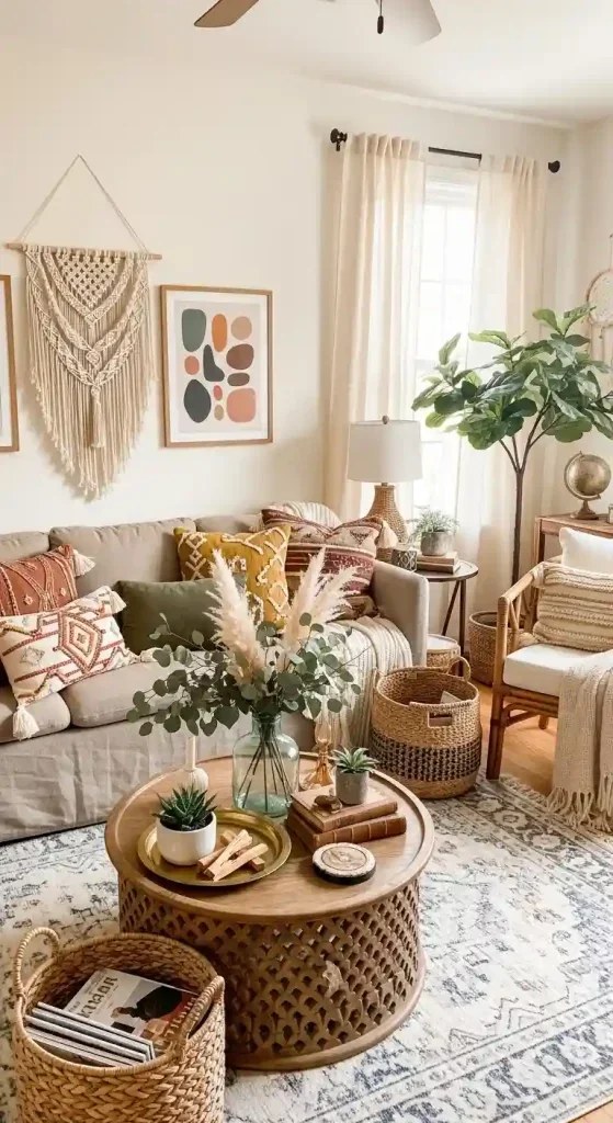 Boho living room ideas with layered earthy-toned throw blankets.