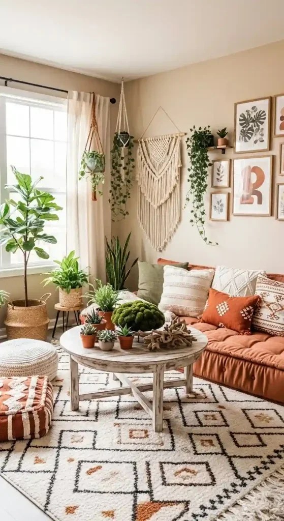 Low seating arrangements emphasize cozy boho living room ideas.