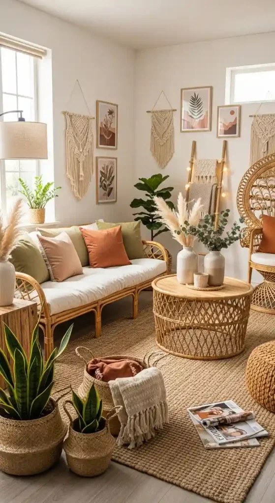 Earthy pottery housing indoor plants in boho living room.