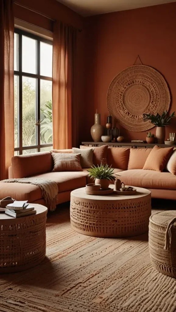 Handcrafted baskets displayed in cozy boho living room ideas.