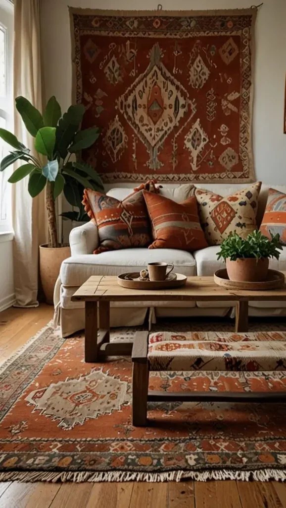 Eclectic wall art complements earthy boho living room ideas.