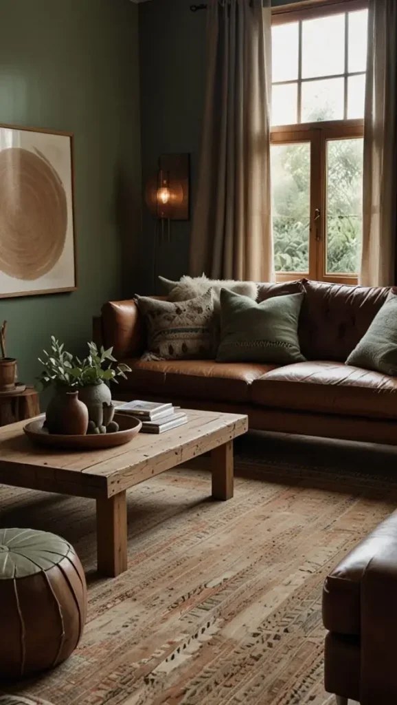 String lights casting warmth in cozy boho living room.