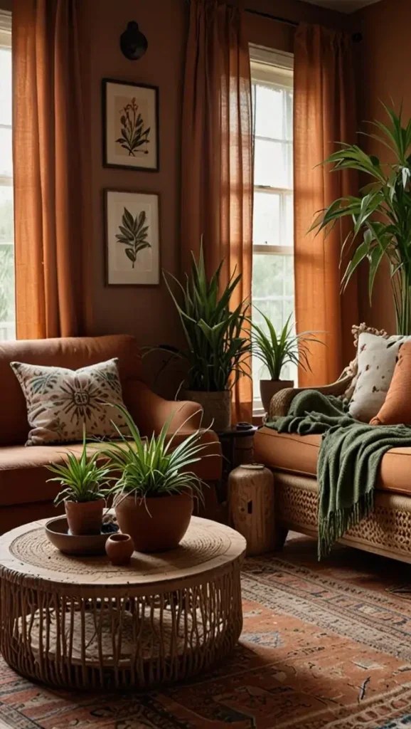 Earth-tone cushions creating harmony in boho living room ideas.