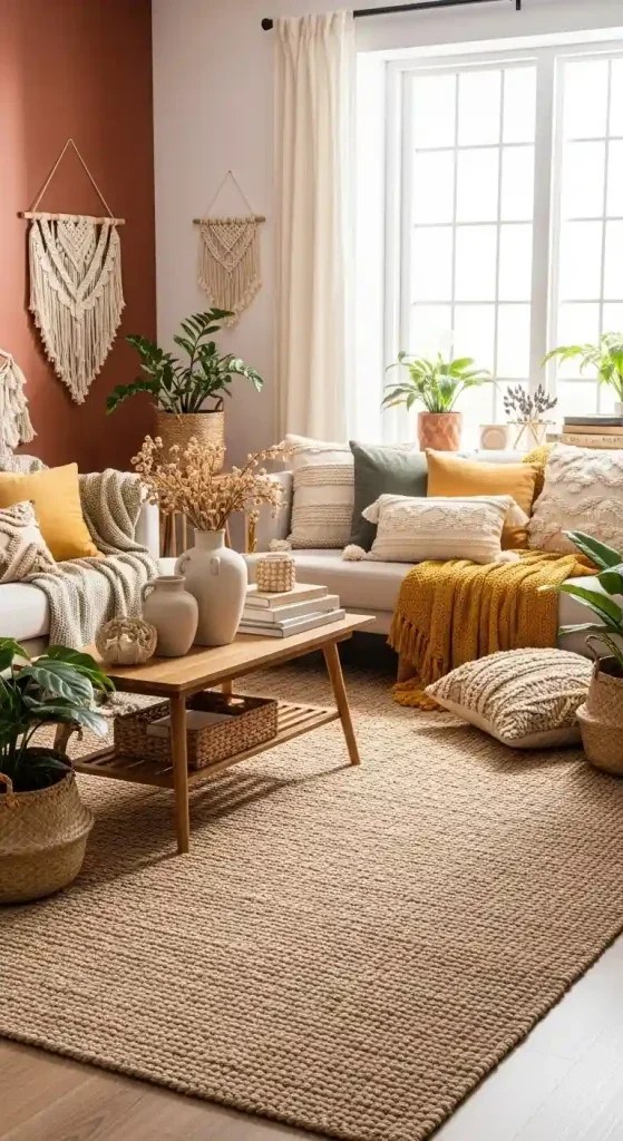 Vintage kilim rugs grounding boho living room ideas intricately.