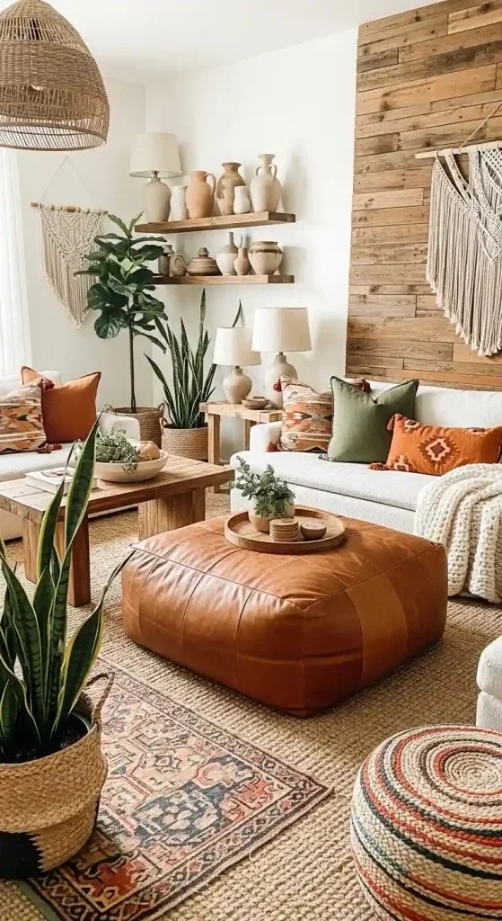 Plants in terracotta pots for natural boho living room.