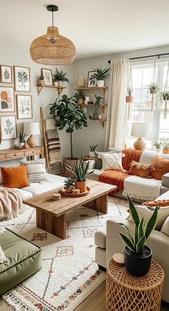 Comfortable poufs as seating in boho living room ideas.