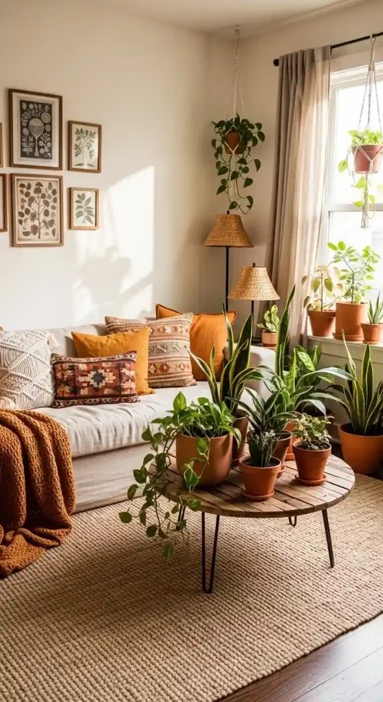 Wood paneling adding warmth to cozy boho living room.