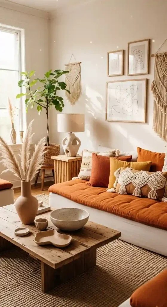 Lush green plants enhancing cozy boho living room ideas.