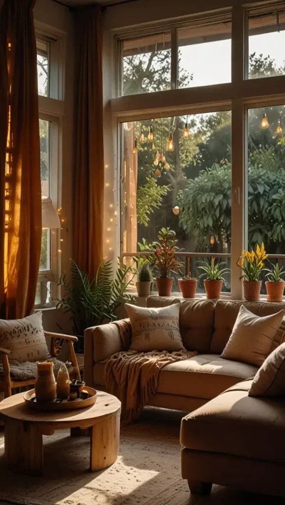 Arched mirrors reflecting light in earthy boho living room.