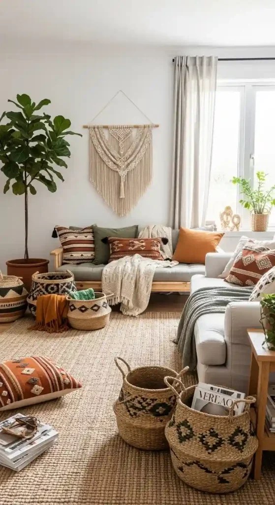Rustic woven rugs underfoot in boho living room ideas.