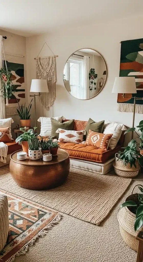Earth-toned macrame wall hangings for boho living room ideas.