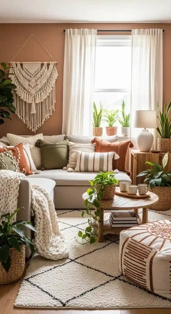 Candlelit ambiance elevating relaxed boho living room ideas.