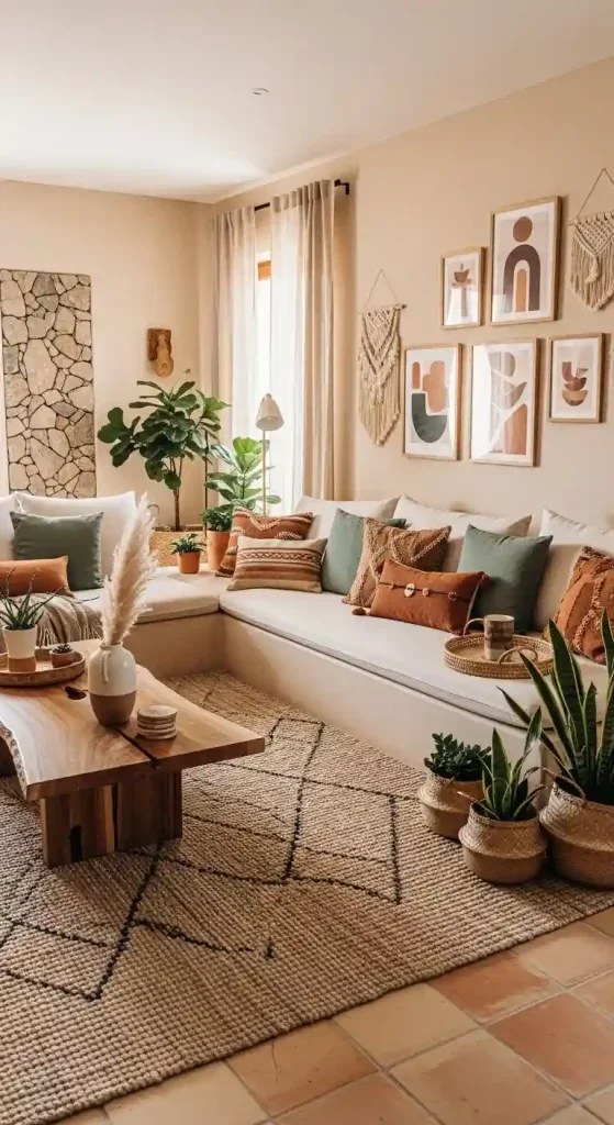 Natural wood accents complement boho living room ideas.