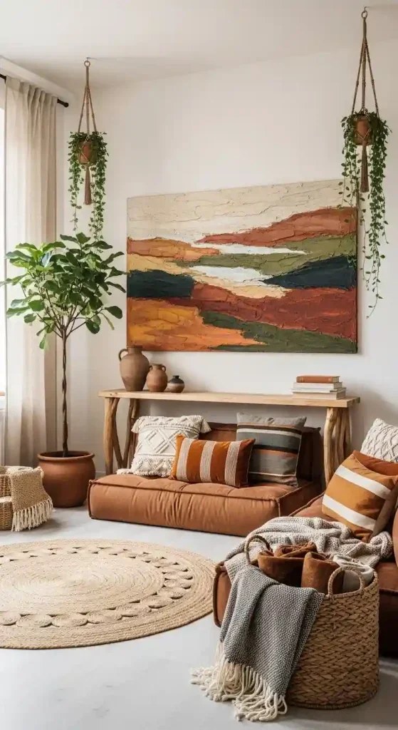 Textured cushions highlight cozy boho living room ideas.