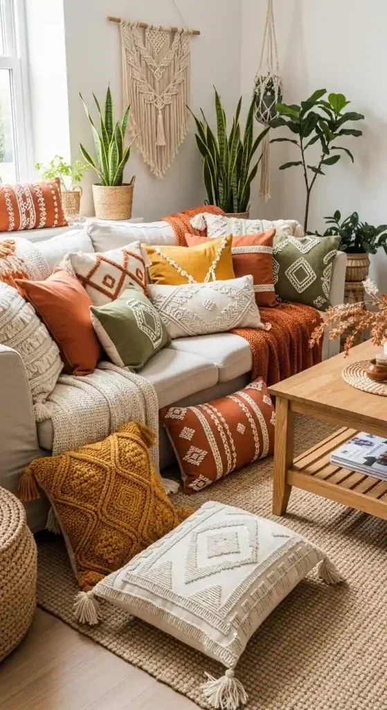 Artisan pottery adds charm to boho living room ideas.