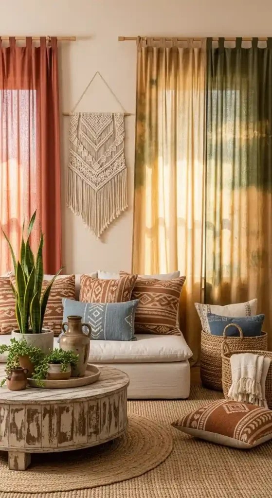 Sunlight filtering through gauzy curtains in boho living room.