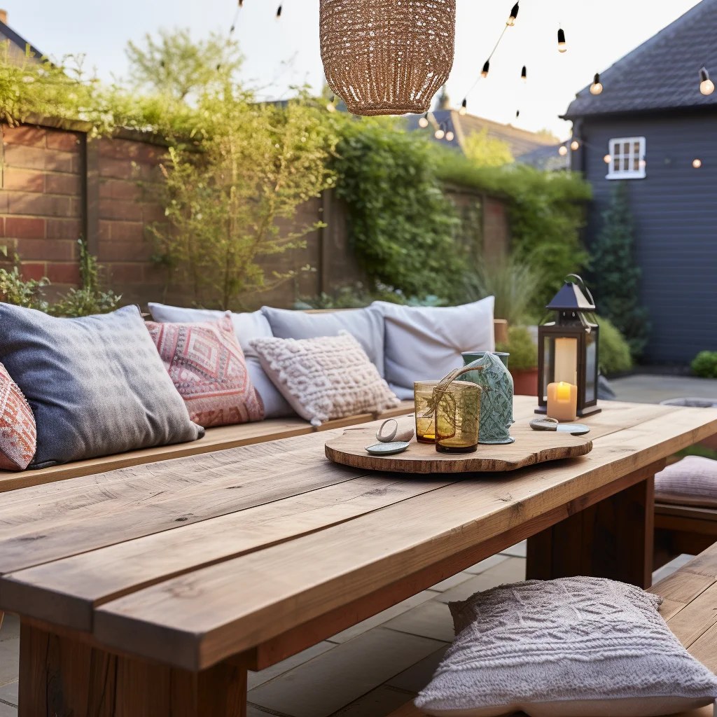 Woven rugs and cushions adorn Moroccan style garden patios