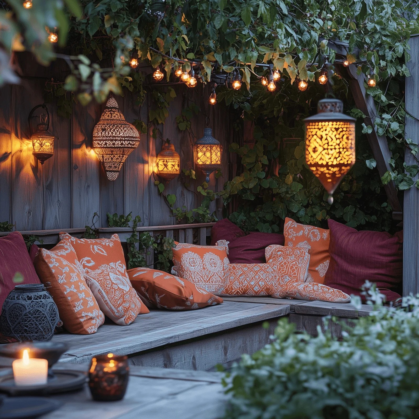 Moroccan garden pergola draped with flowing textiles and lanterns