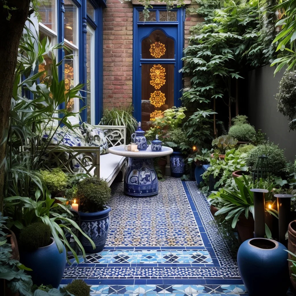 Outdoor dining area with Moroccan style patterns and bold colors