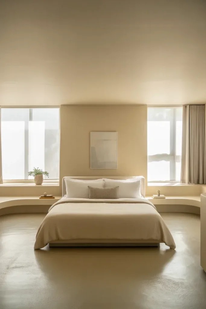 Urban bedroom layout idea with city-themed decor and minimalist vibe