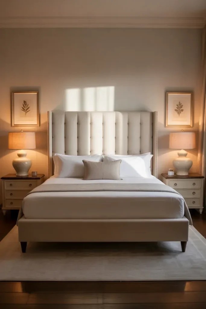 Sophisticated bedroom layout with dark wood furniture and deep hues