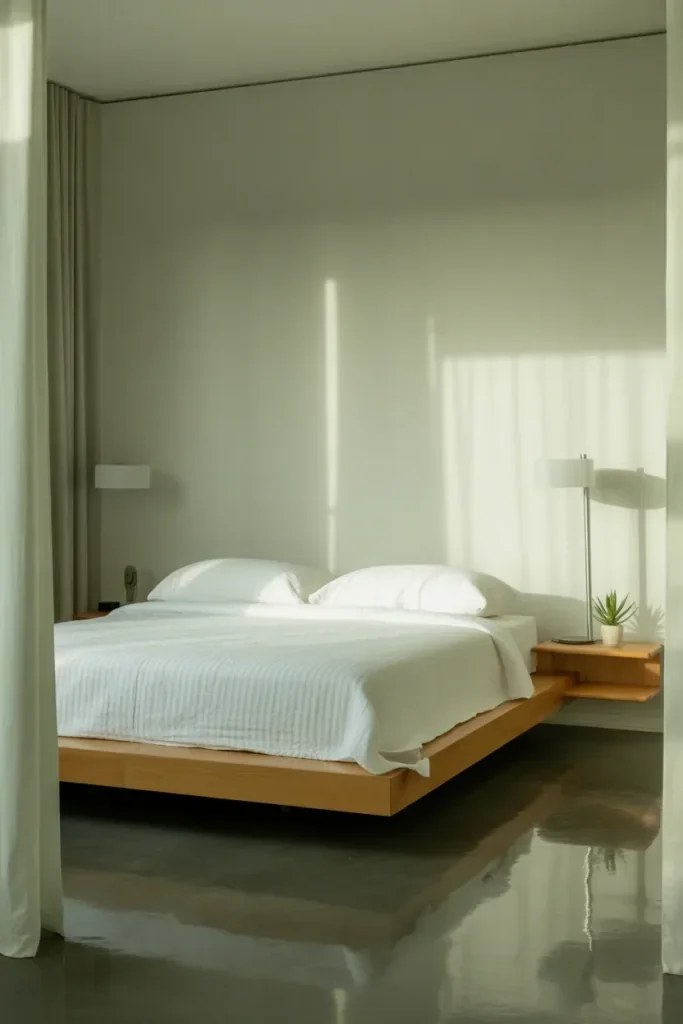 Minimalist bedroom layout featuring sleek furniture and neutral color palette