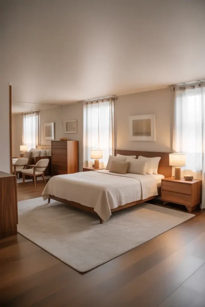 Master bedroom layout with plush bedding and elegant curtain framing