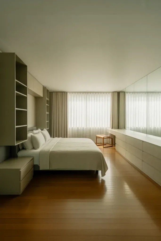 Simple scandinavian bedroom layout idea with light wood and airy feel