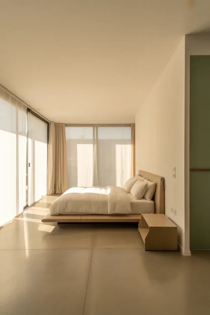 Industrial bedroom layout with exposed brick walls and metal fixtures