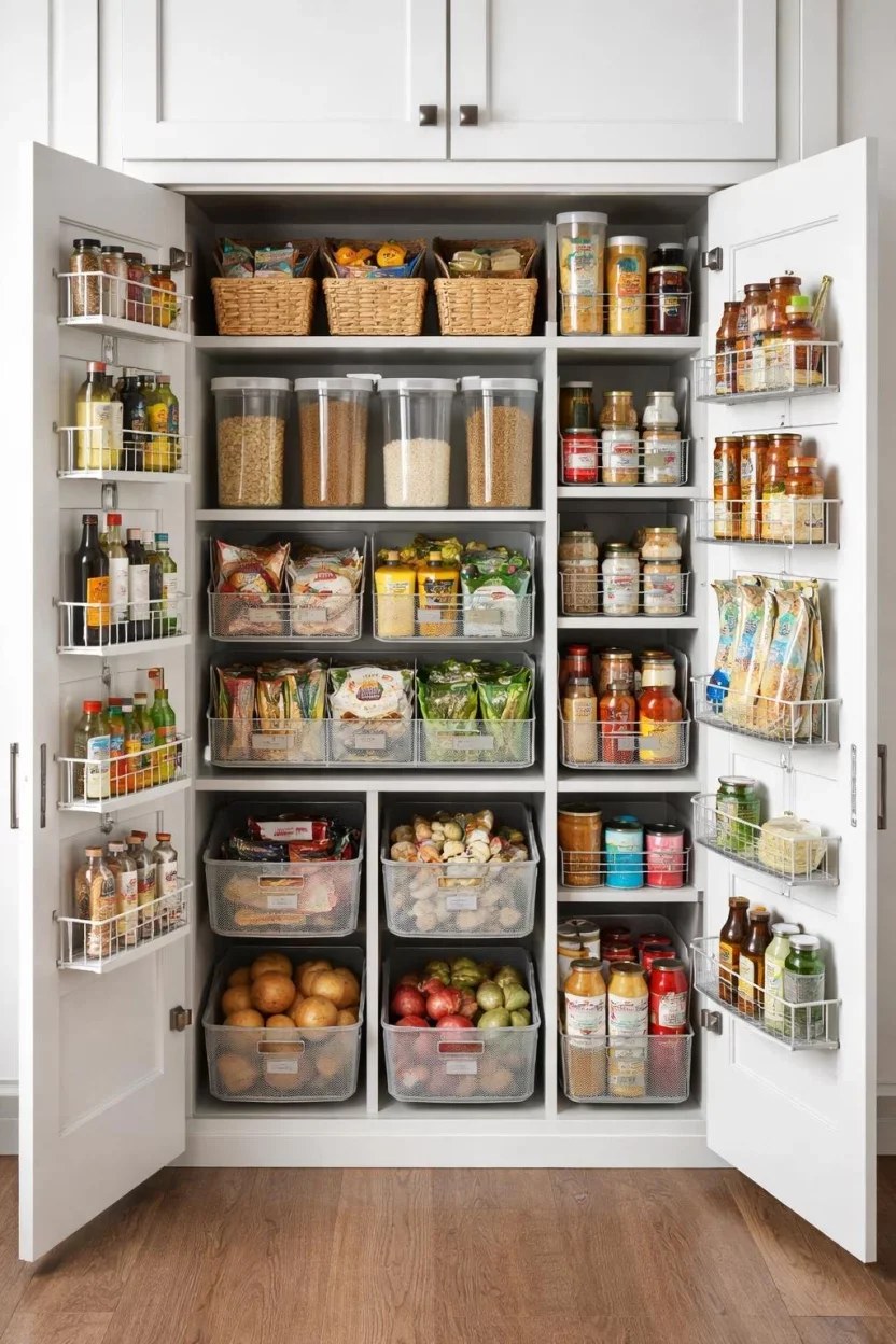 Spacious kitchen pantry cabinet ideas with wooden shelves and organized containers