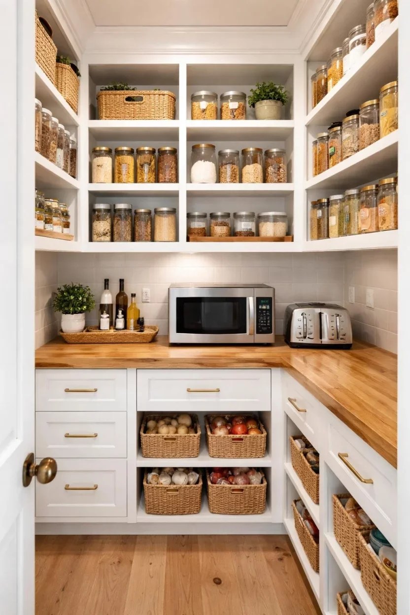 Modern kitchen pantry cabinet ideas featuring pull-out shelves and baskets