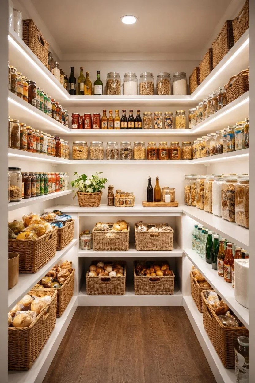 Rustic kitchen pantry cabinet ideas with open shelving and farmhouse decor