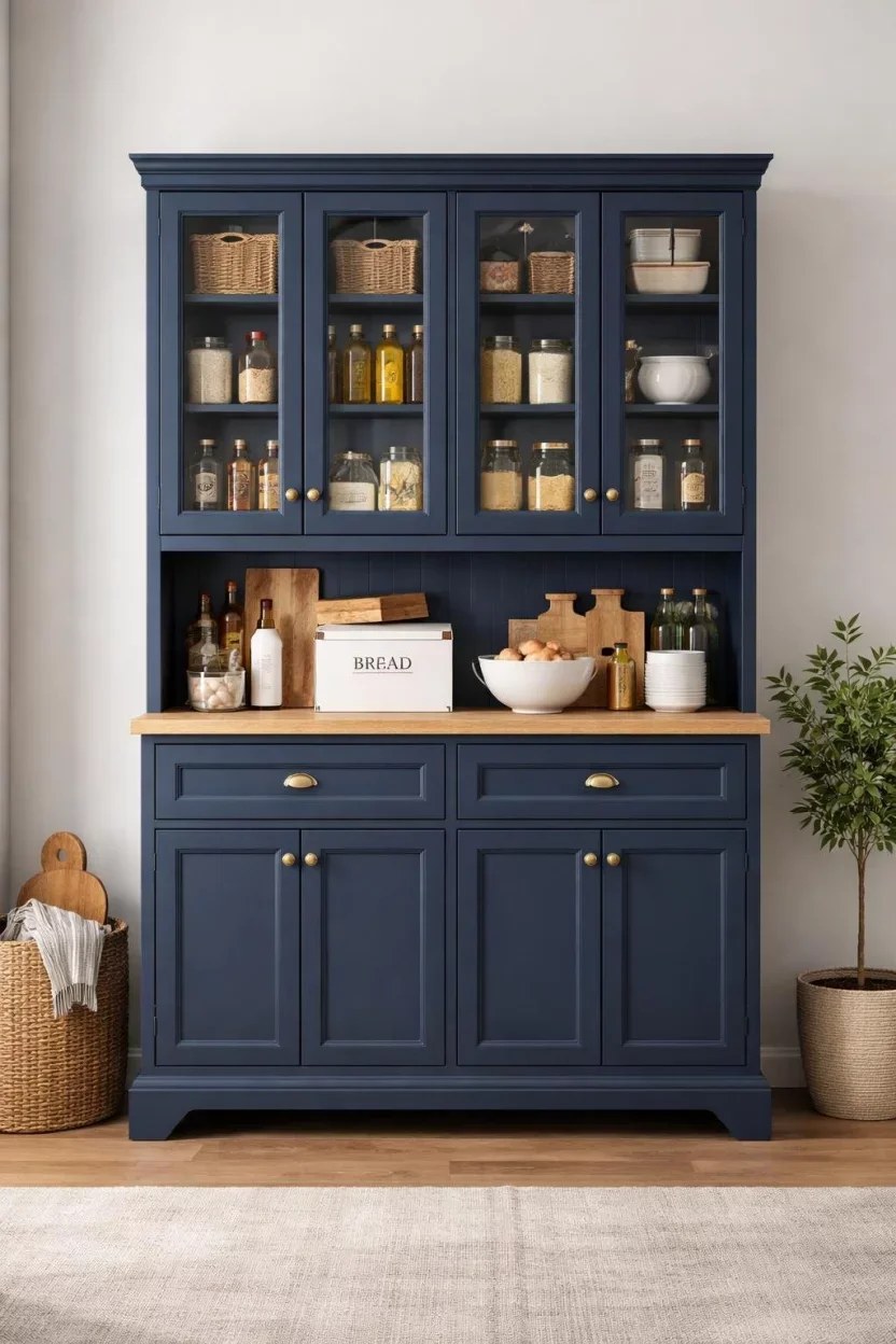 Industrial kitchen pantry cabinet ideas utilizing metal accents and glass doors