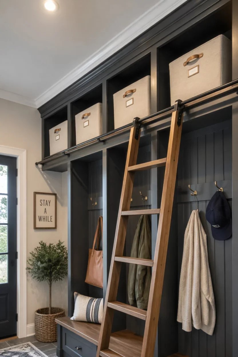 Cozy mudroom closet ideas with plush seating and neutral tones