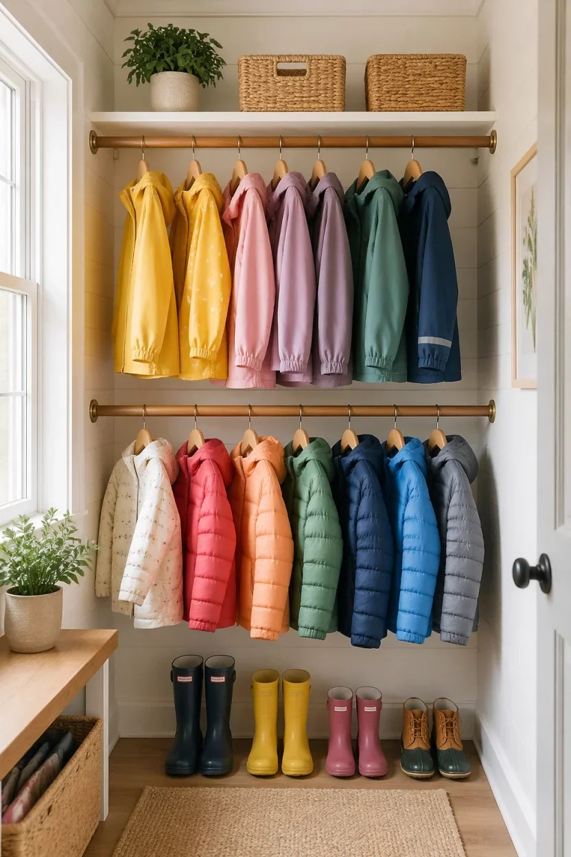 Family-friendly mudroom closet ideas with labeled hooks and toy storage