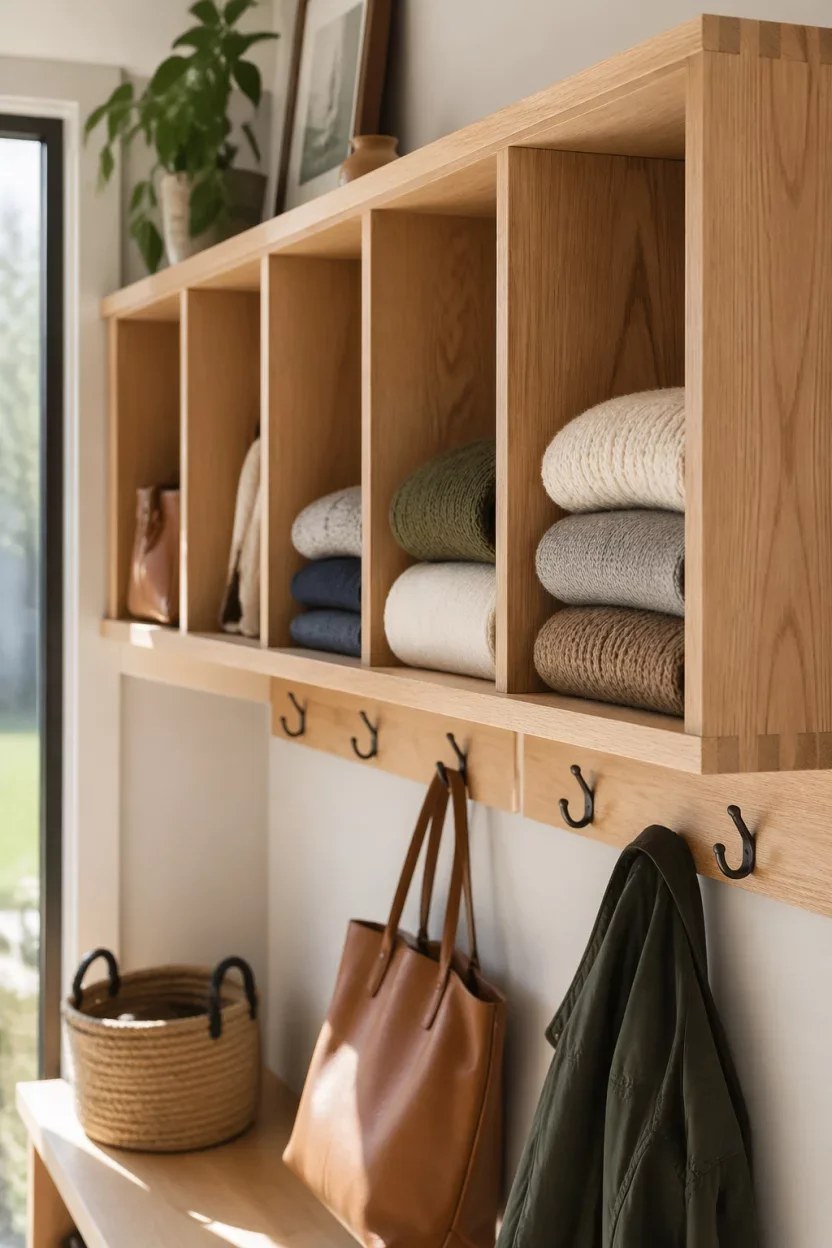Chic mudroom closet ideas featuring minimalist hooks and shoe storage