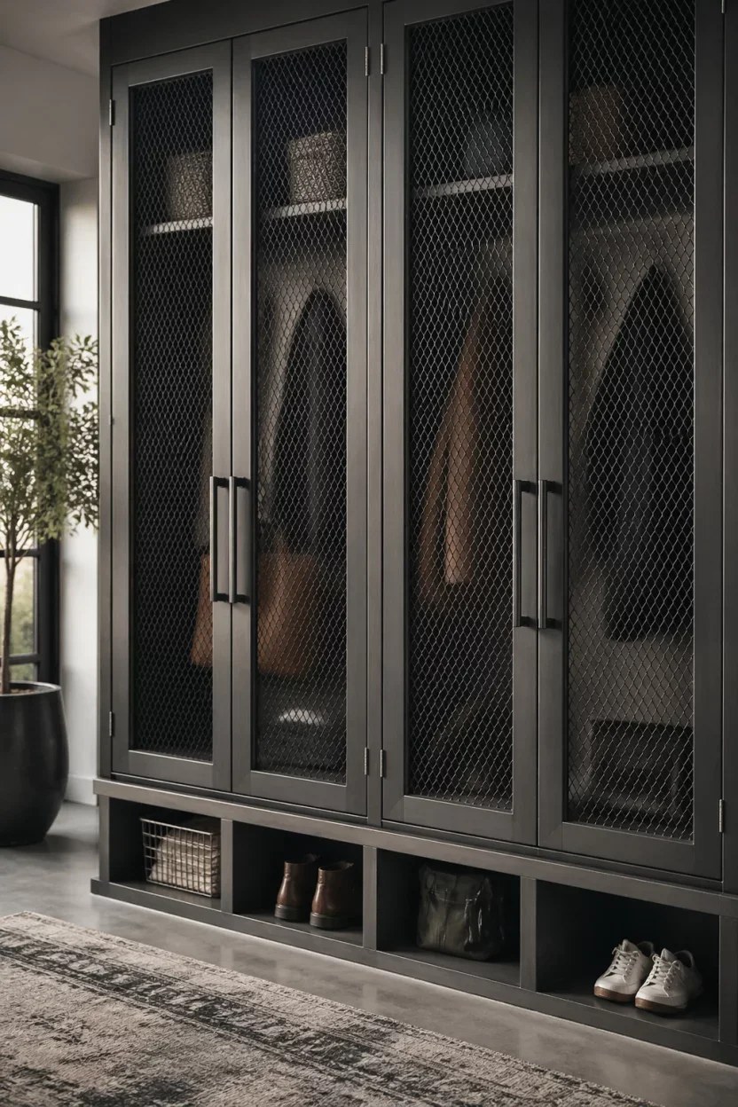 Traditional mudroom closet ideas with wooden bench and storage bins