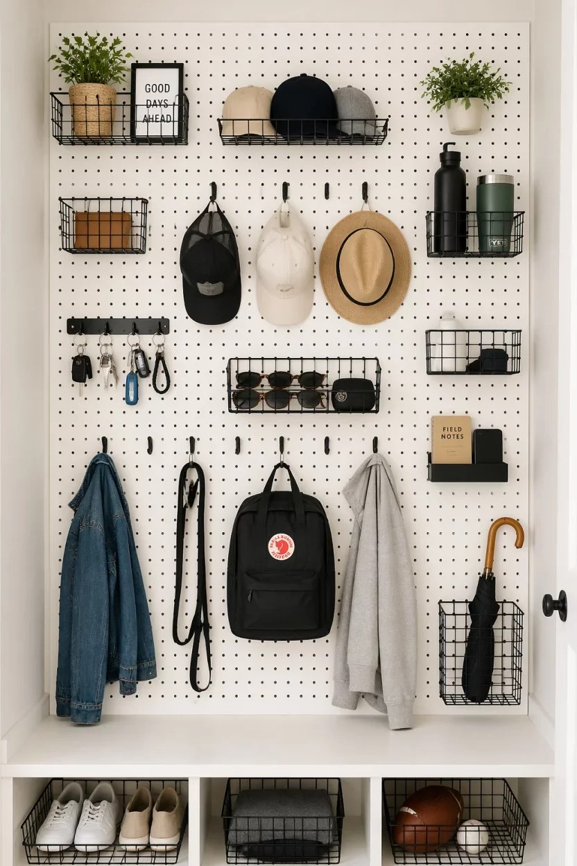 Compact mudroom closet ideas with vertical storage and coat hooks