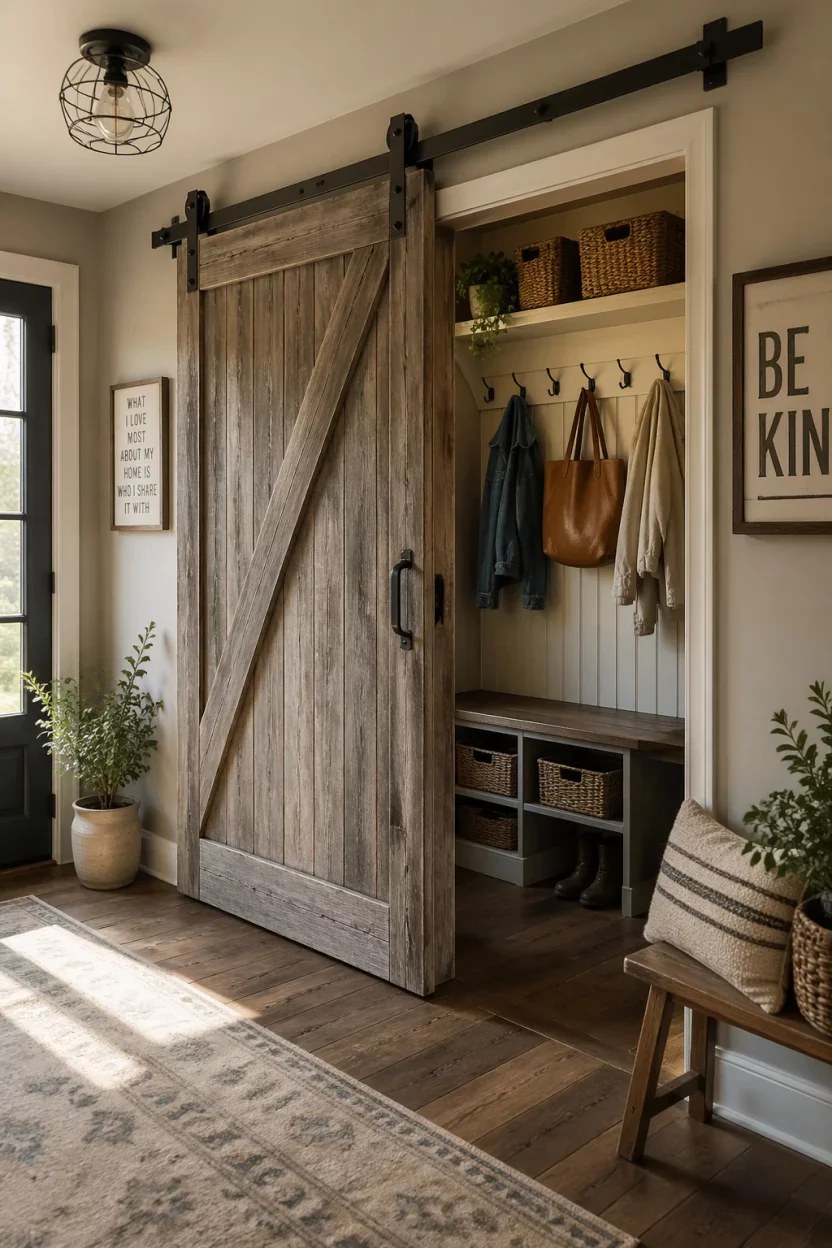 Bright mudroom closet ideas with open shelving and vibrant colors