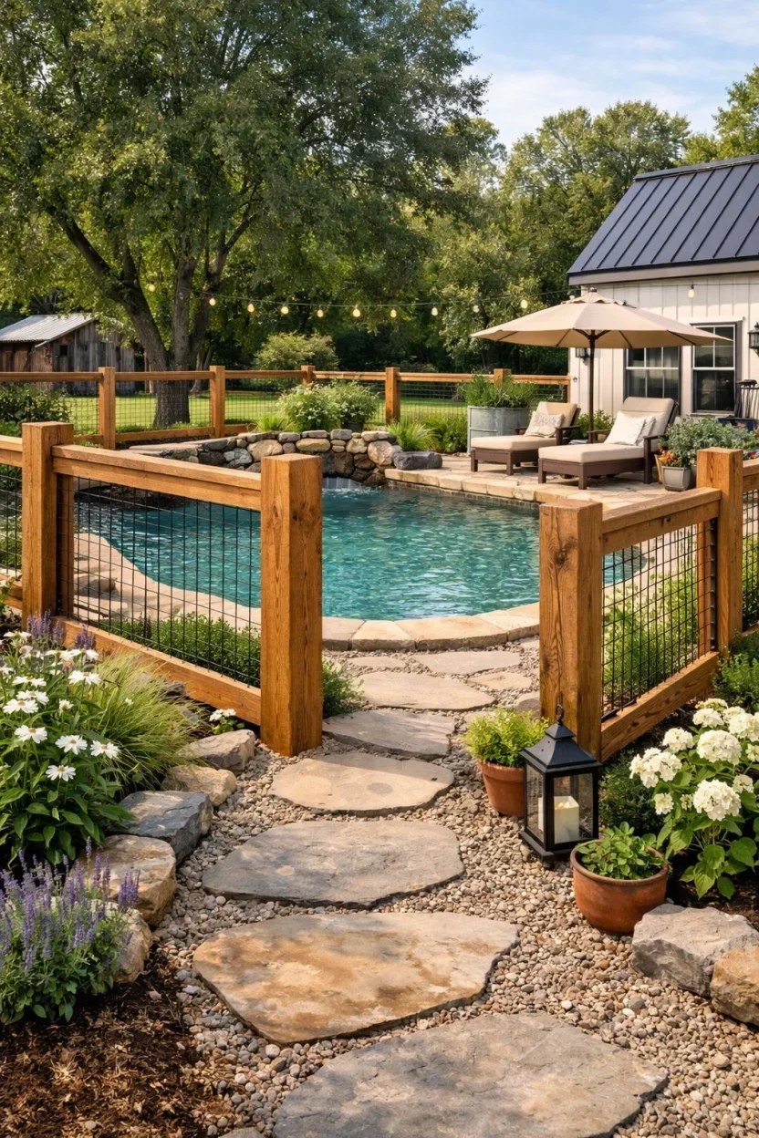 Natural stone fence complements lush landscaping around the pool area
