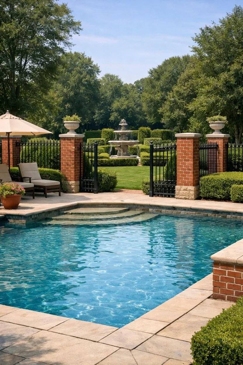 Chic black metal pool fencing offers both security and aesthetic appeal