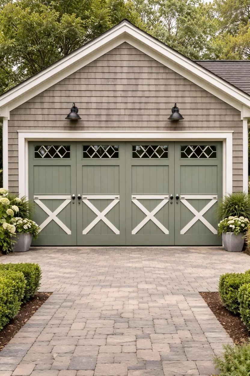 Classic carriage-style garage door ideas in white