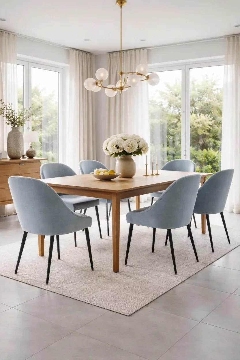 Rustic wooden dining room chair ideas with textured upholstery.