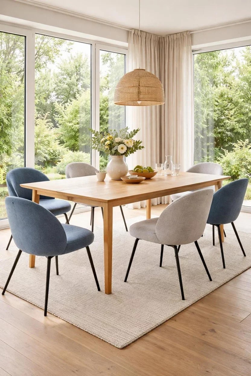 Bohemian dining room chair ideas featuring woven seat designs.