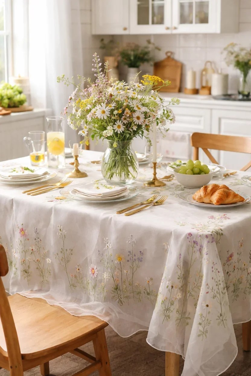 Open shelves adorned with summer kitchen decor ideas.