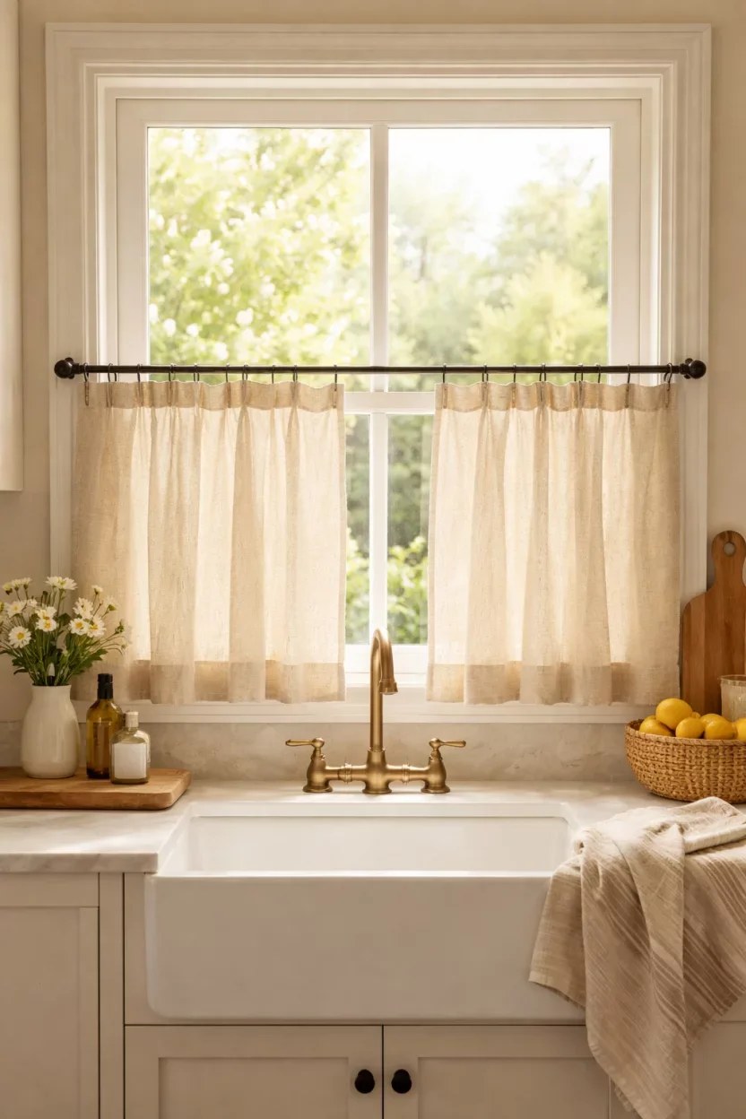 Cheerful curtains framed with pastel summer kitchen decor ideas.