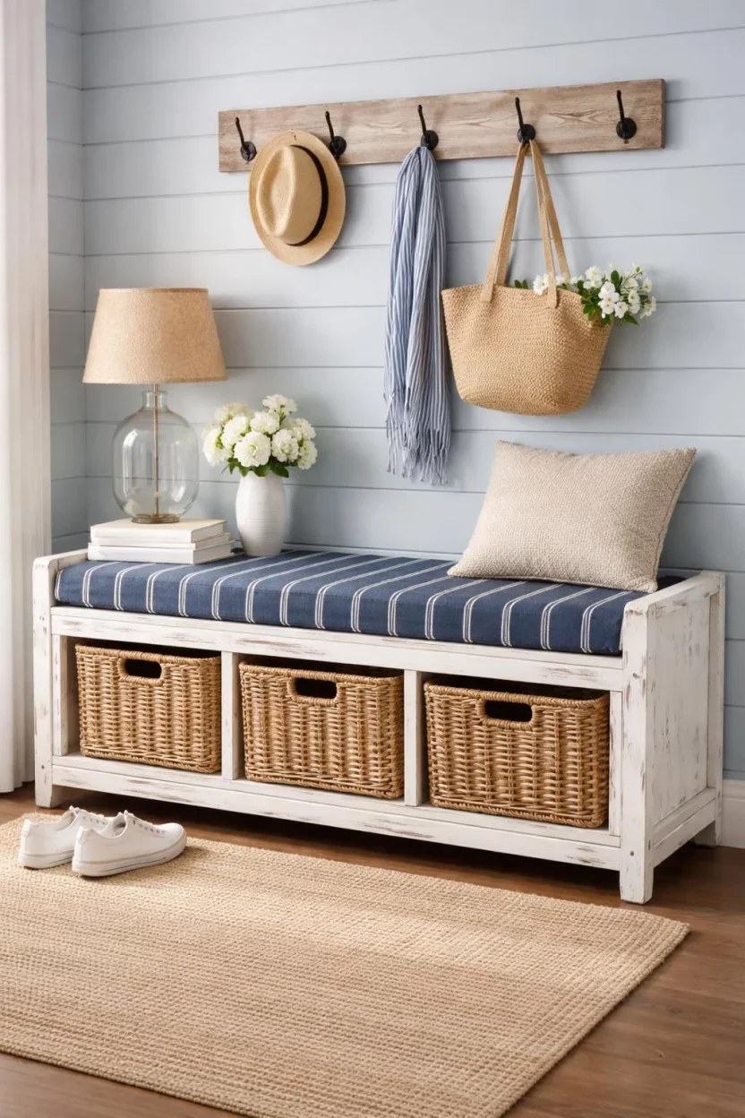 Industrial-style entryway bench ideas with reclaimed wood and metal