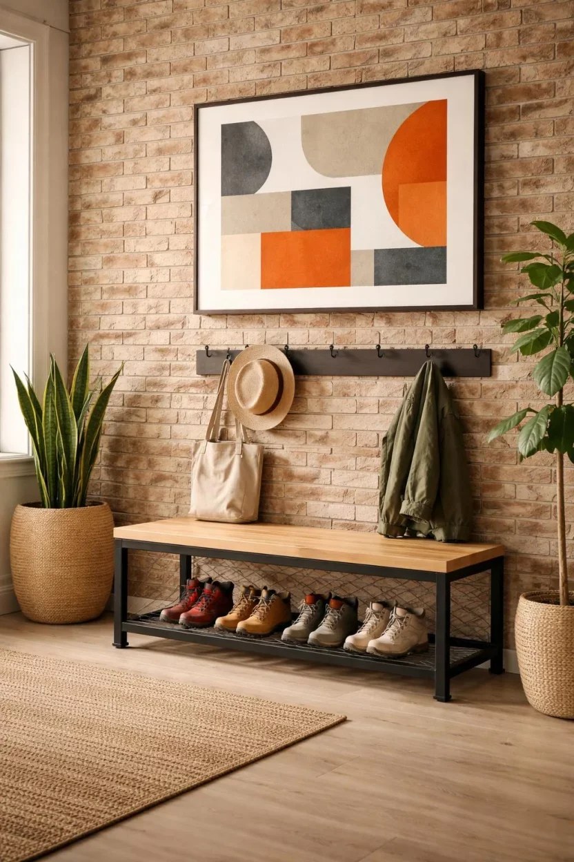 Creative entryway bench ideas using colorful storage bins