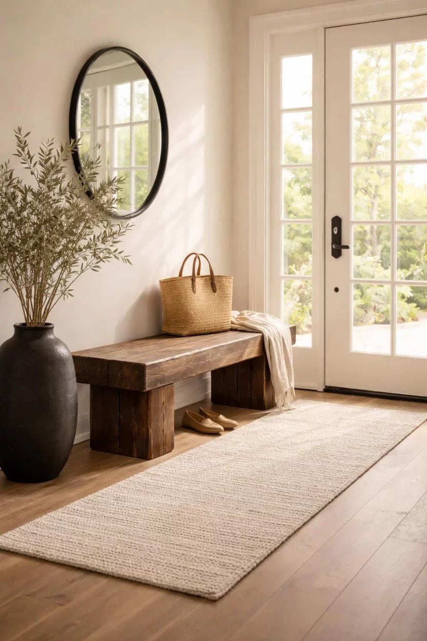 Elegant entryway bench ideas featuring gold accents and fabrics