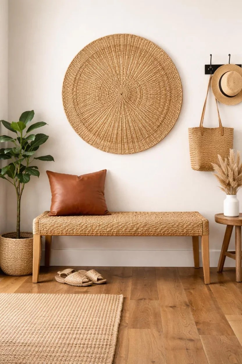 Modern upholstered entryway bench ideas in light gray fabric